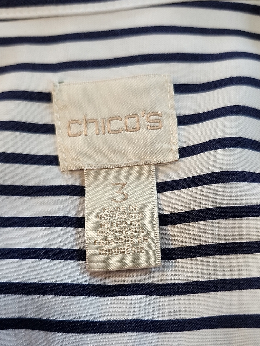 Chicos Size 3 Horizontal Striped Short Sleeve Blouse Navy & White - Picture 4 of 9